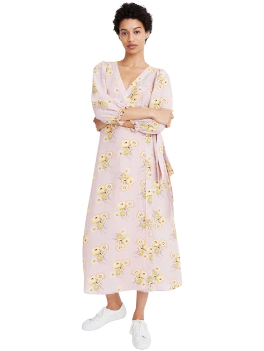 Madewell Linen Blend Ruffle Cuff Wrap Dress Pink Dandelions Women’s XS EUC